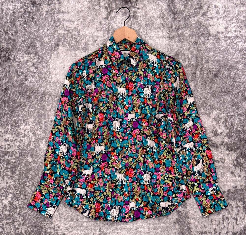 New J Crew Collection Silk Shirt 00 Womens Grazing Goats Whimsical